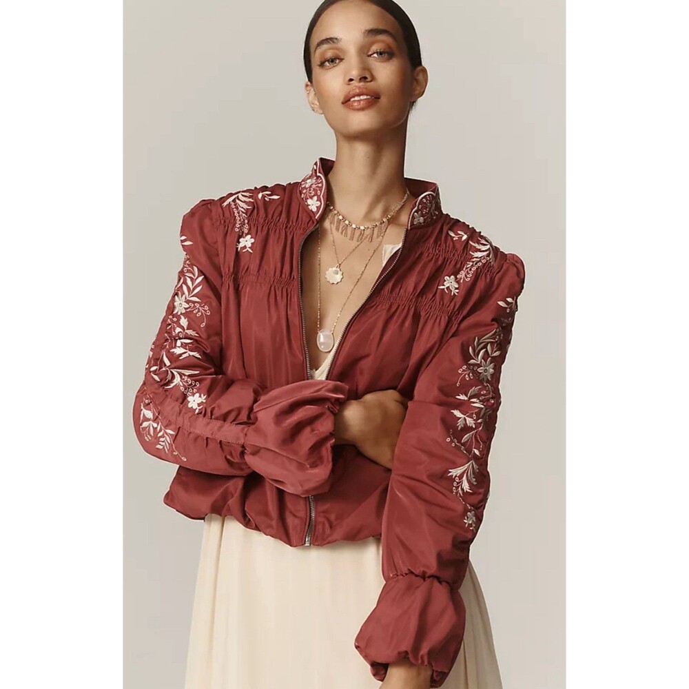 Anthropologie Jacket Women Plum Embroidered Gathered Preppy Cottagecore XS NWT